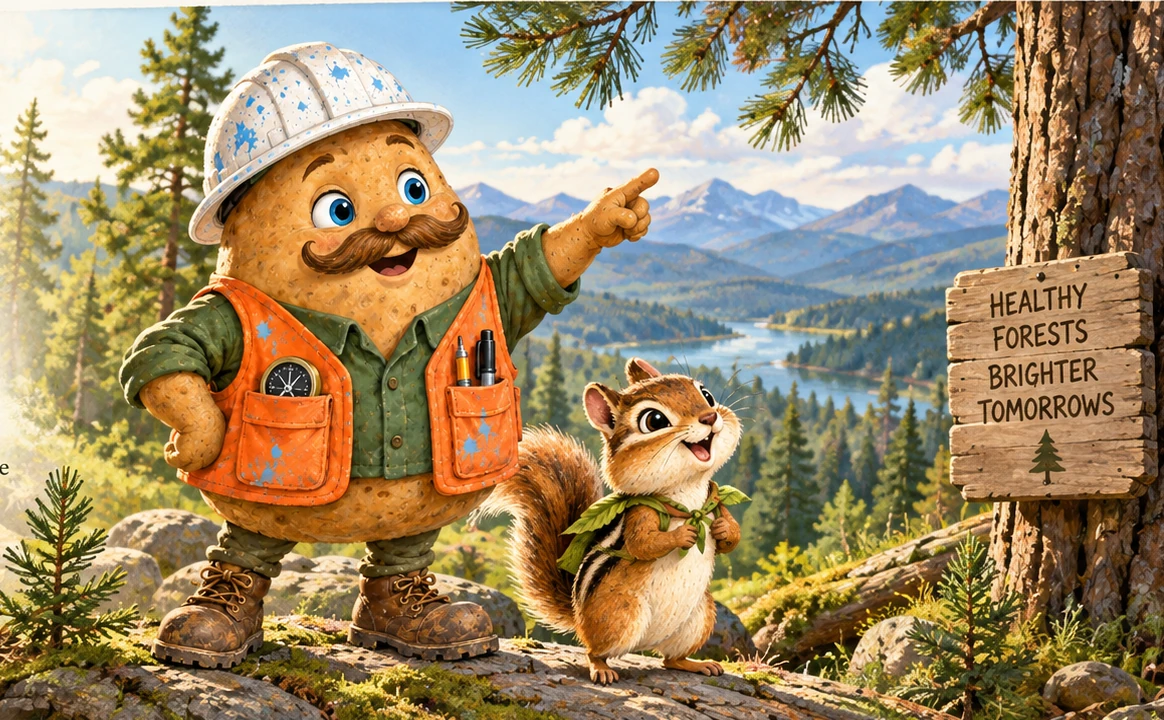 Chip the potato forester and Squeak the chipmunk overlooking a forested mountain valley.