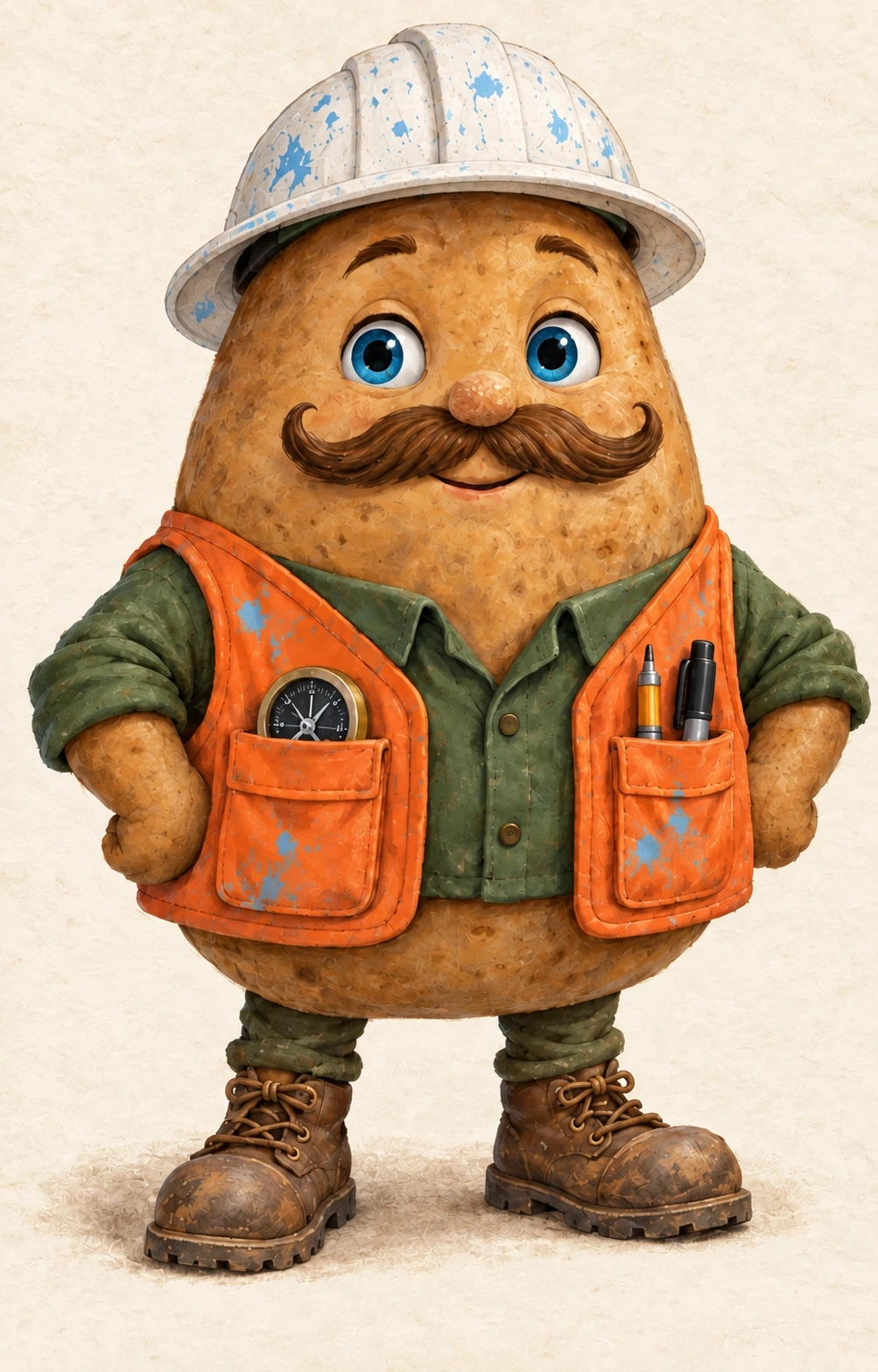 Chip, a cheerful potato forester wearing an orange cruiser vest and white hard hat.