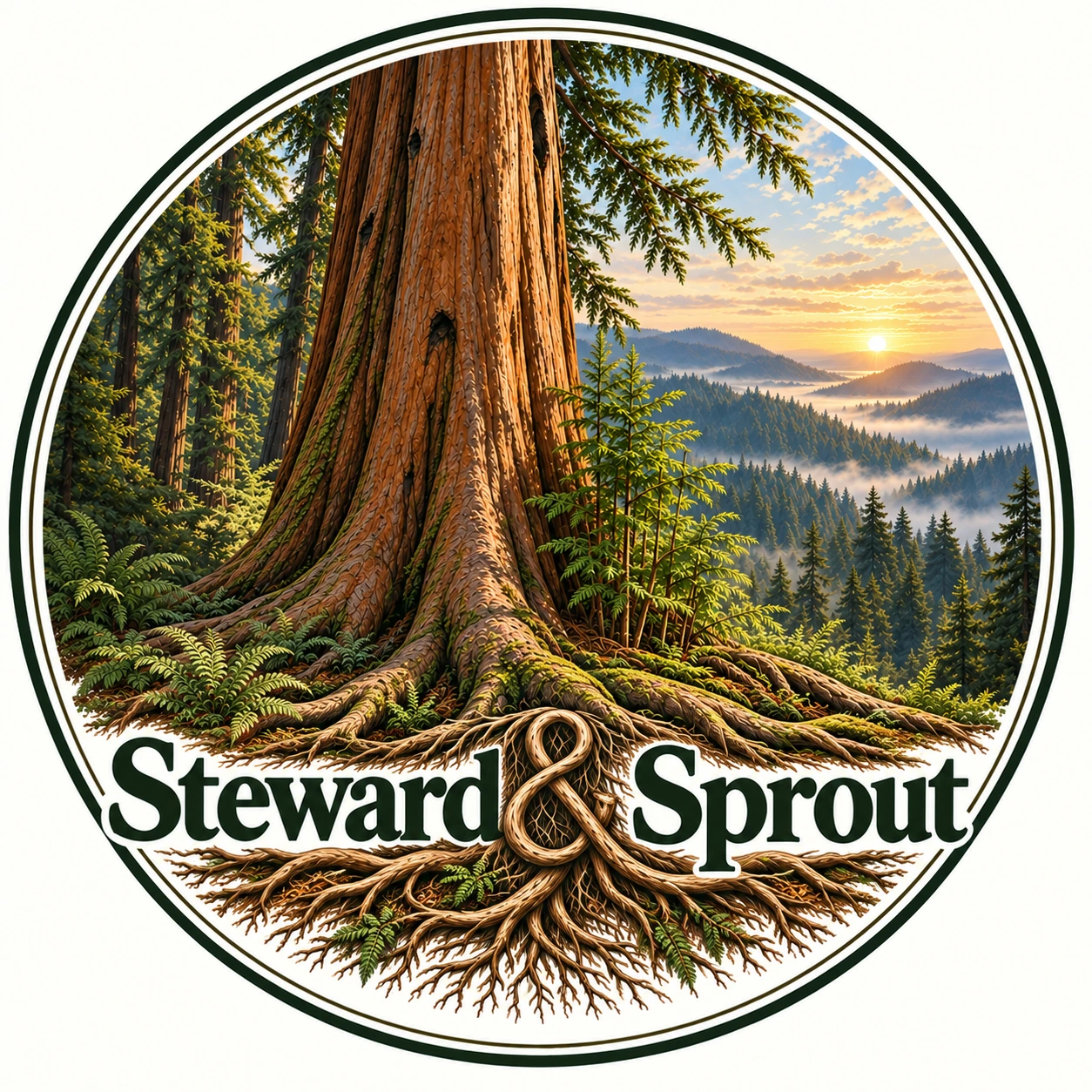 Steward and Sprout logo featuring an old-growth coast redwood, basal sprouts, and spreading roots.